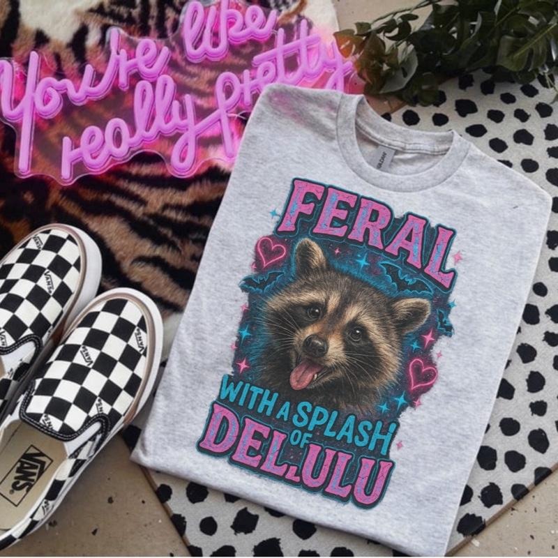 Feral With A Splash Of Delulu Ash Grey T-Shirt - Bleached - Gildan - Unise Hoodie, Sweatshirt | DripVista.com