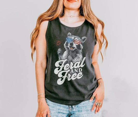 Feral and Free Raccoon Tank, Funny 4th of July Tank Top, Feral Girl Summer, Firecracker Shirt, Comfort Colors, Vintage USA Shirt, Family