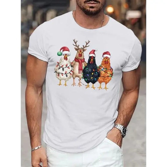 Festive Chickens Illustration Print Men's Casual Short Sleeve T-Shirt For Summer, Crew Neck, Lightweight & Breathable Made in USA