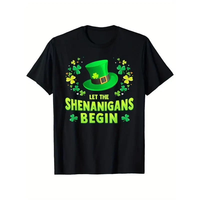 [Festive Fun] Let the Shenanigans Begin St. Patrick's Day T-Shirt for Men & Women - 100% Cotton, Black with Green Leprechaun Hat Design, Short Sleeve, Casual Fit, Sizes S-XXXL made in usa