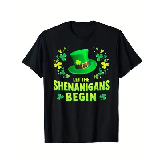 [Festive Fun] Let the Shenanigans Begin St. Patrick's Day T-Shirt for Men & Women - 100% Cotton, Black with Green Leprechaun Hat Design, Short Sleeve, Casual Fit, Sizes S-XXXL made in usa