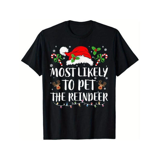 Festive Holiday Crew Neck T-Shirt, Cotton Blend, Casual Style, Slight Stretch, Reindeer Petting Graphic, Unisex, for Adults, All-Season Top Made in USA