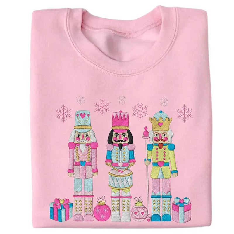 Festive Trio Embroidered Nutcracker Christmas Womenswear Crewneck Pullover Sweatshirt T-Shirts, Hoodie | DripVista.com