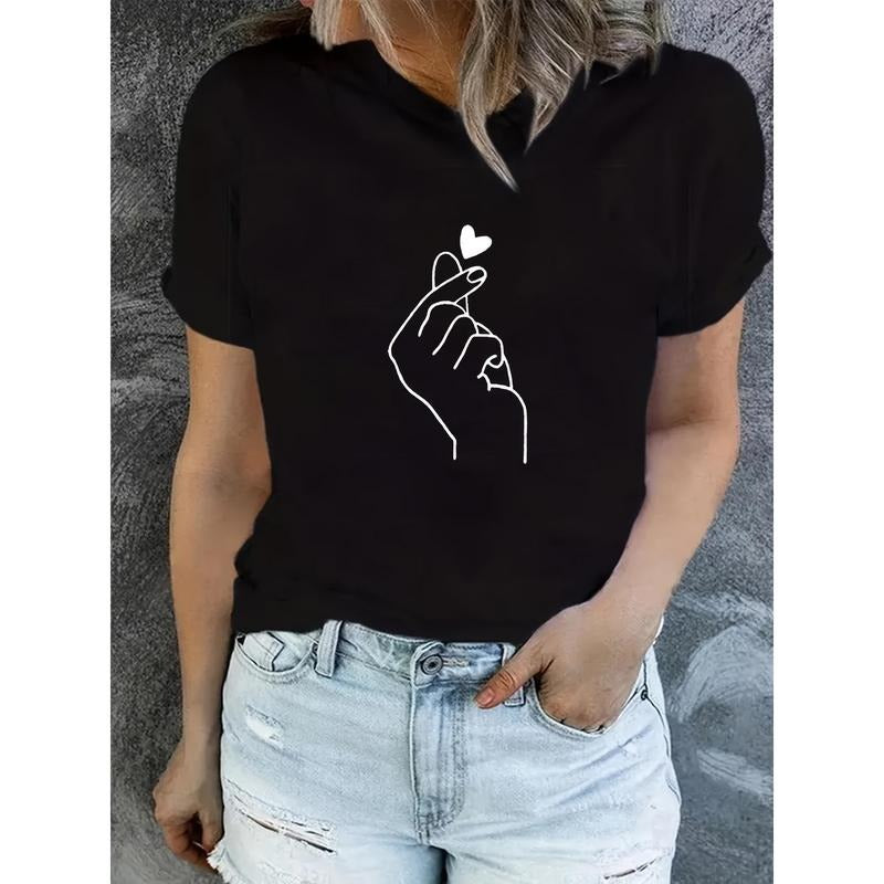 Finger Heart Print T-Shirt, Short Sleeve Crew Neck Casual Top For Summer & Spring, Women'WB shield Clothing style 02...