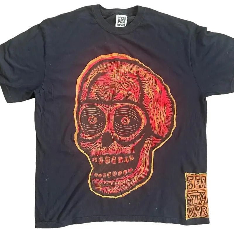 Fireball Skull  Hand printed Limited Edition T Shirt Cotton Menswear