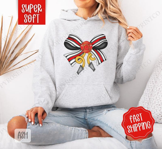 Firefighter Coquette Bow Hoodie, Cute Women's Crewneck, Trendy Women's Hooded Sweater