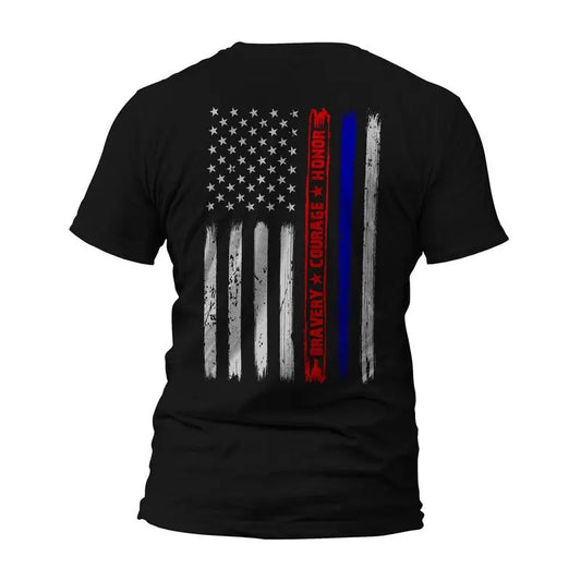 Firefighter Police Bravery Courage Honor Thin Red Blue Line Vertical Flag T-Shirt Casual Crewneck