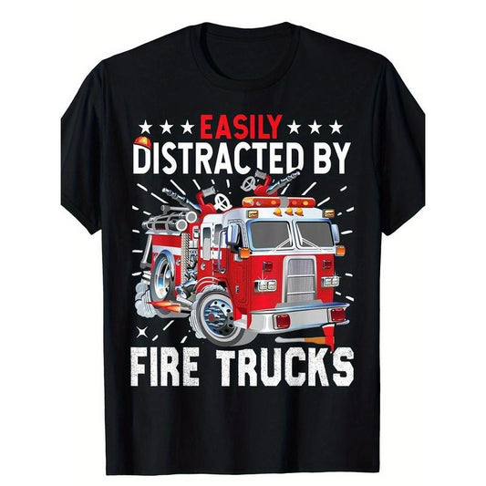 Firefighters Easily Distracted By Fire Trucks Men Boys T-Shirt - Made in USA