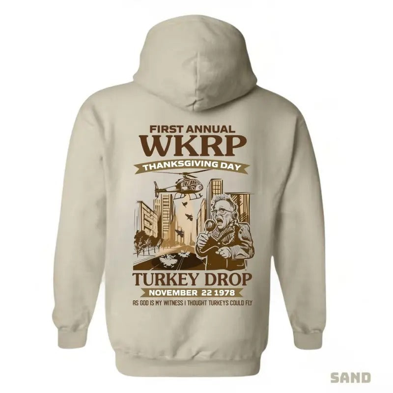 First Annual Thanksgiving Day WKRP Turkey Drop Hoodie, Sweatshirt, T - Shirt, A Fun Tribute to the Classic TV Moment, Cincinnati Movie Shirt