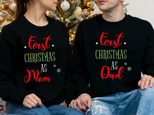 First Christmas As Dad Sweatshirt, 1st Christmas As Mom Hoodie, Matching Xmas Baby Announcement Sweater, New Parents X-mas Party Gift Sweatshirt, Family Holiday Hoodie.