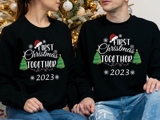 First Christmas Together 2023 Sweatshirt, Matching Couples Christmas Sweater, Our 1st X-mas Celebration Hoodie, Wife And Husband Holiday Gift Sweatshirt.