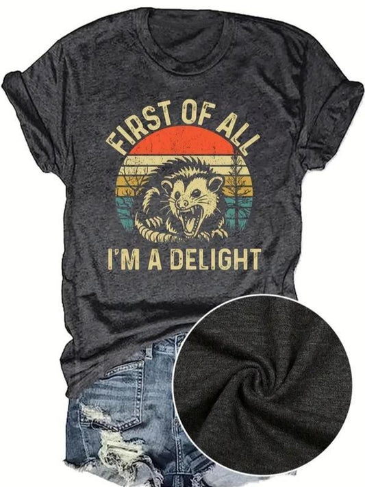 First Of All i Delight T-shirt, Casual Short Sleeve Crew Neck T-shirt for Daily Wear, Ladies Clothes for All Seasons Cotton Crewneck