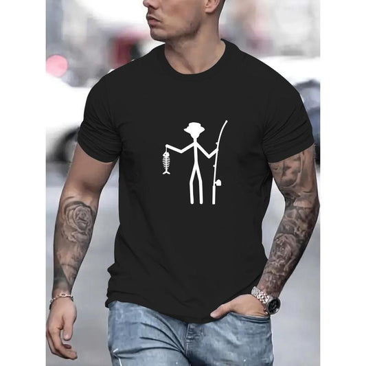 Fishing Print, Men's Round Crew Neck Short Sleeve, Simple Style Tee Fashion Regular Fit T-Shirt, Casual Comfy Breathable Top For Spring Summer Holiday Leisure Vacation Men's Clothing As Gift Made in USA