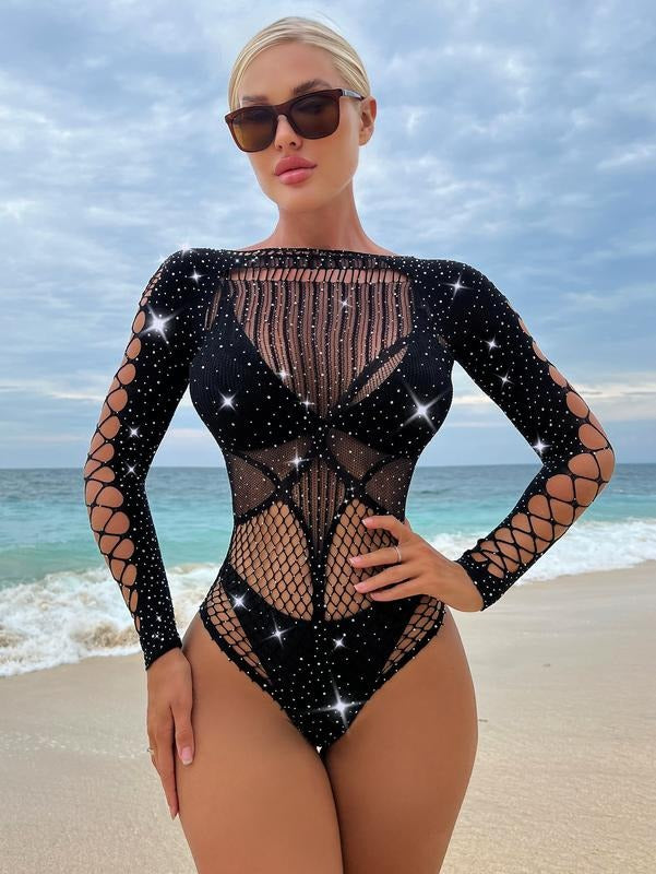 Fishnet Rhinestone Bodysuit Top Cut Out Mesh Teddy Bodysuit T-Shirts, Hoodie, Sweatshirt | DripVista.com