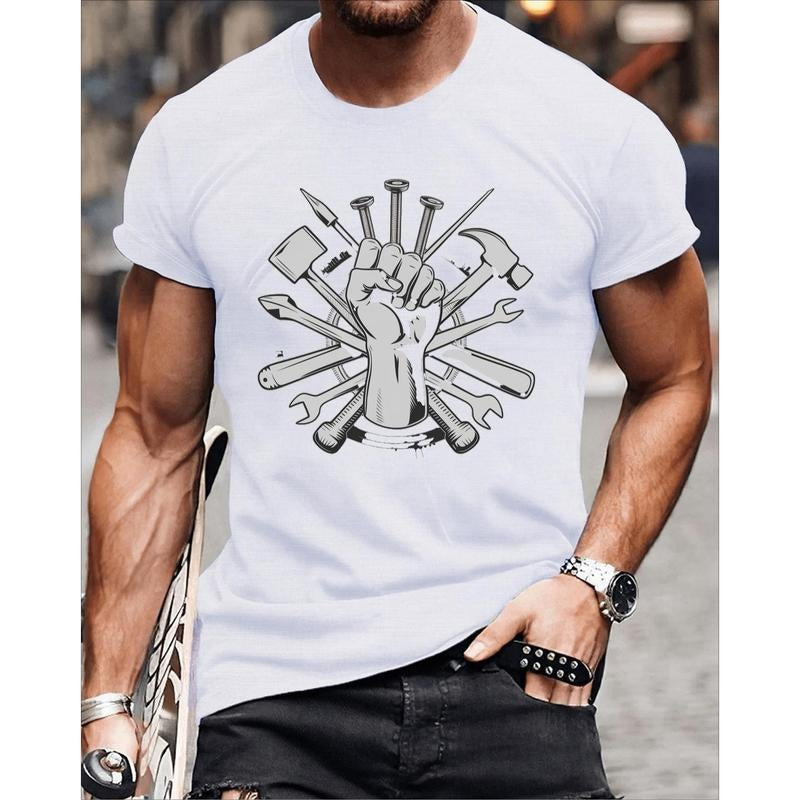 Fist Holding Tools Labor Day Illustration Print Tee Shirt, Men'WB shield Fashion Round Neck Short Sleeve T-shirt, Summer...