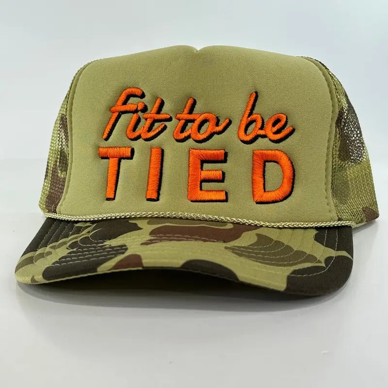 Fit to be Tied on a Camo Mesh Trucker Snapback Hat Cap Collab Justin Stagner Custom Embroidery T-Shirts, Hoodie, Sweatshirt