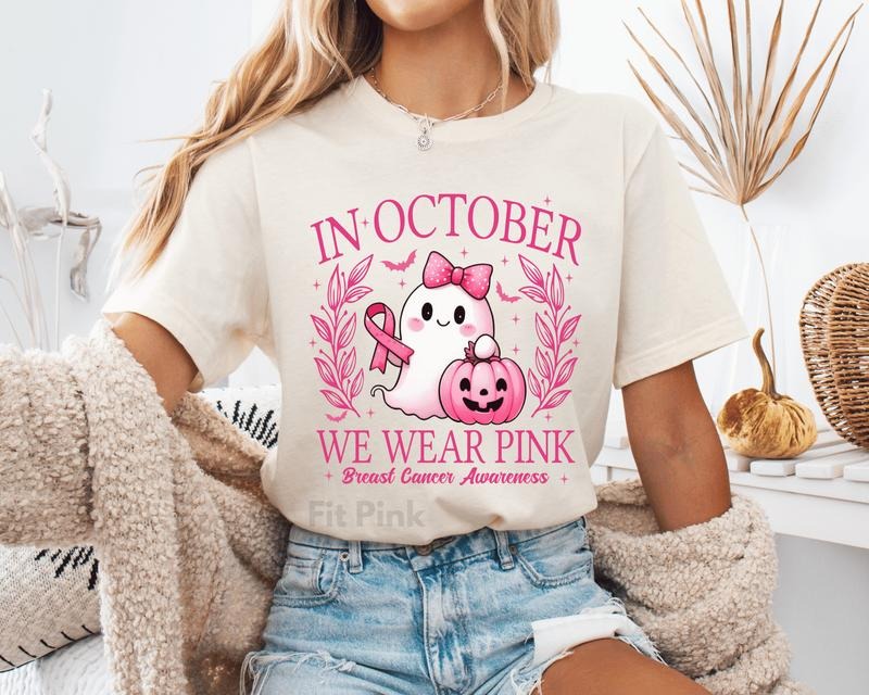 FitPink In October We Wear Pink Breast Cancer Awareness Cute Halloween Ghost and Pink Pumpkin Short Sleeve T-Shirt for Women Autumn Cotton Top