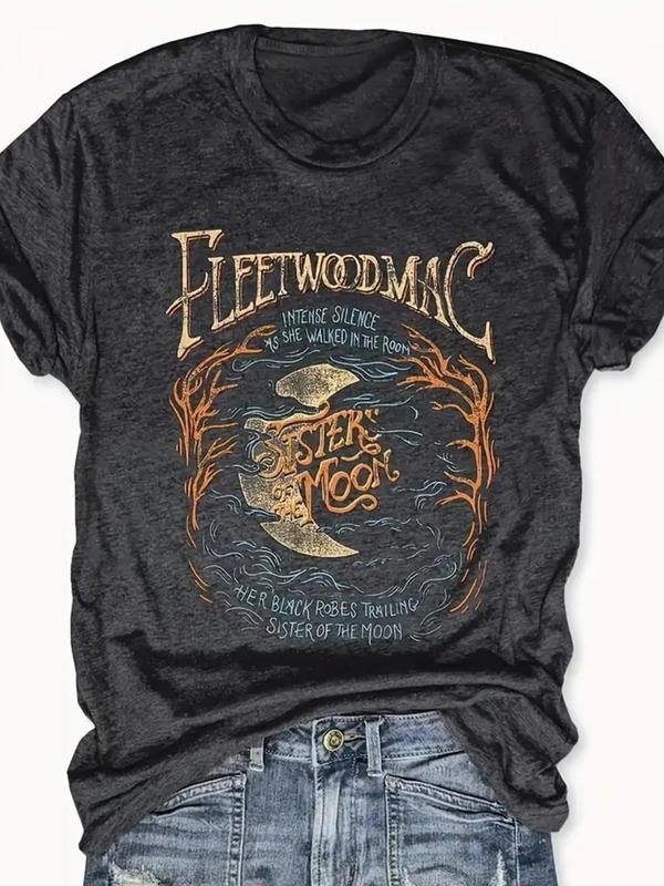 Fleetwood Mac Women's Moon Print Round Neck Tee, Vintage Trendy Casual Short Sleeve T-shirt for Daily Wear