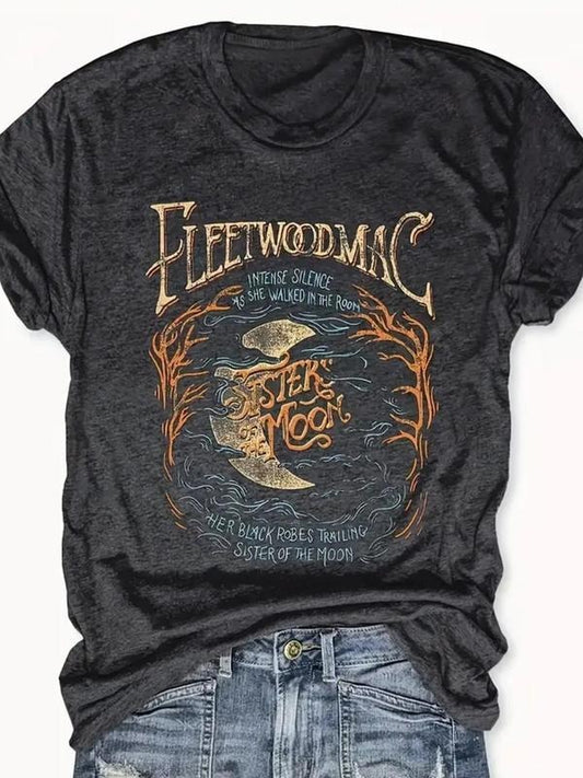Fleetwood Mac Women's Moon Print Round Neck Tee, Vintage Trendy Casual Short Sleeve T-shirt for Daily Wear