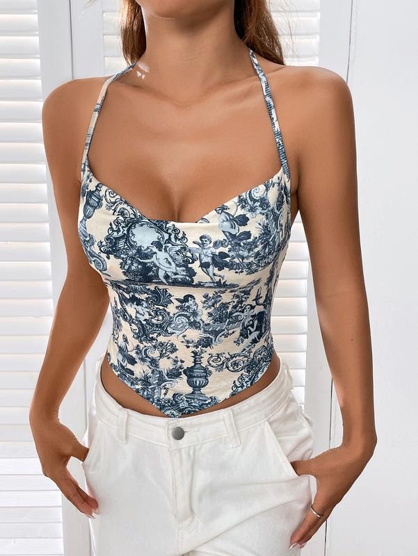 Floral Angle Print Bandana Y2K Crop Tops Cowl Neck Sleeveless Halter Cami Tops T-Shirts, Hoodie, Sweatshirt | DripVista.com