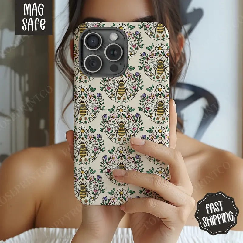Floral Bee Phone Case, Coquette Phone Case Mag Safe Compatible, Magnetic Tough Cases T-Shirts, Hoodie, Sweatshirt