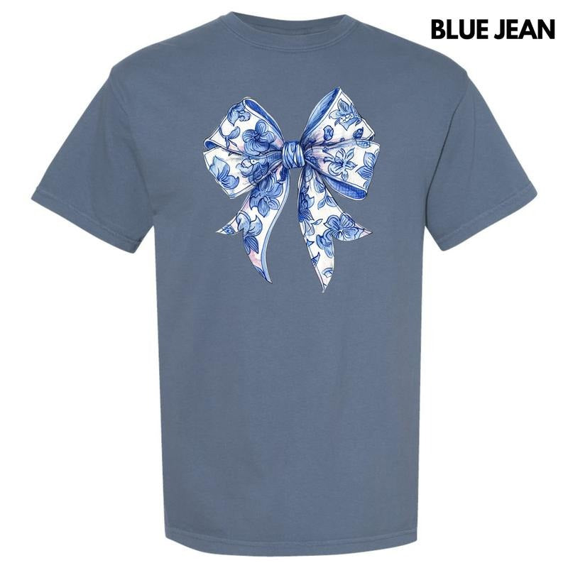 Floral Blue Big Bow Comfort Colors T-Shirt 'NLB'