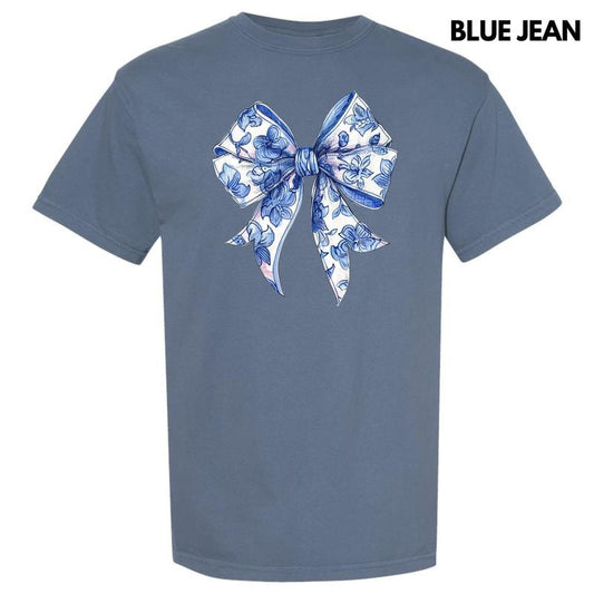 Floral Blue Big Bow Comfort Colors T-Shirt 'NLB'