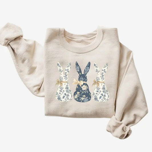 Floral Blue Bunny Sweatshirt, Cute Easter Bow Crewneck, Trendy Bunny Women's Sweater, Gift for Her