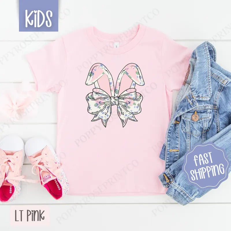 Floral Bunny Bow Kids Shirt - Easter Children's Tshirt - Cute Youth Tee Gildan Hoodie, Sweatshirt | DripVista.com