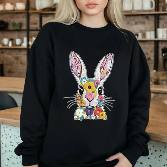 Floral Bunny Easter Sweatshirt Casual Street Style Fleece Fabric Crewneck Pullover Sweatshirt Tops Trendy for Women for Men
