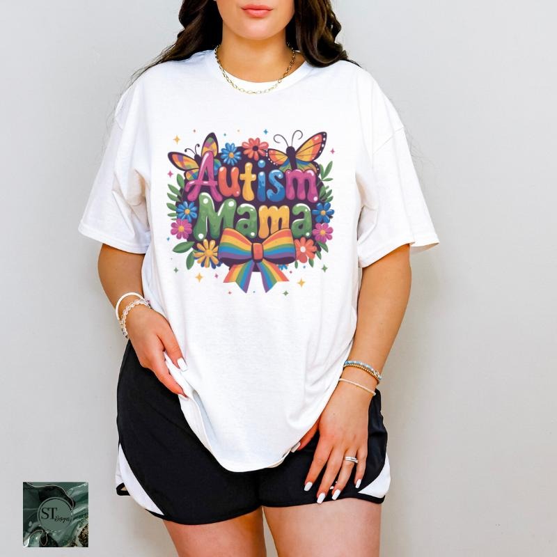 Floral Butterfly Autism Mama White 100% Ring spun Cotton T-Shirt Unisex Fit