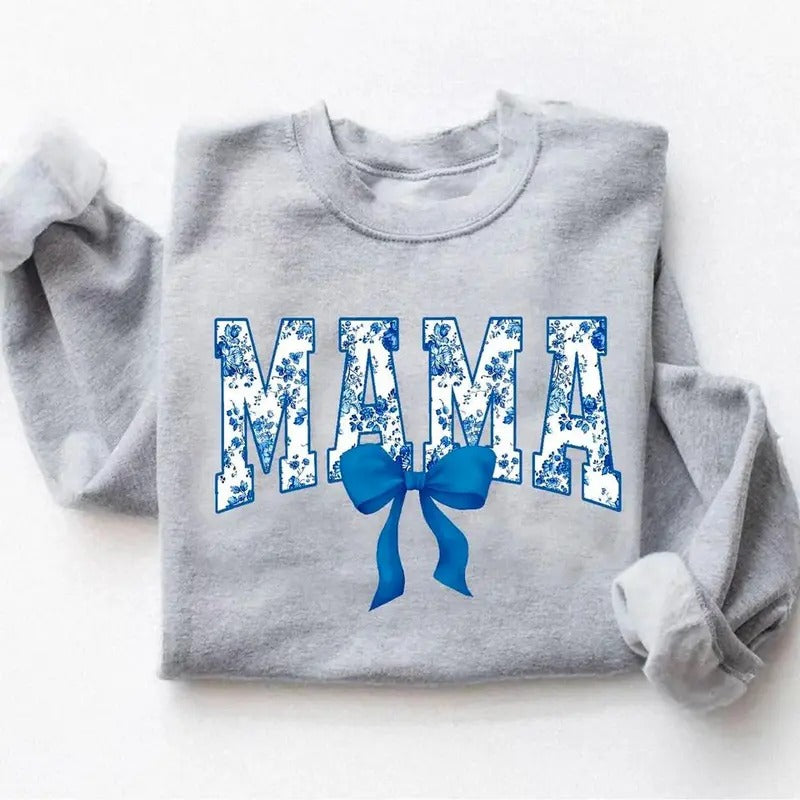 Floral Coquette Bow Mama Sweatshirt, Blue Bow Mothers Day Shirt, Flower Lettering Mom Sweater, Retro New Mom Shirt,...