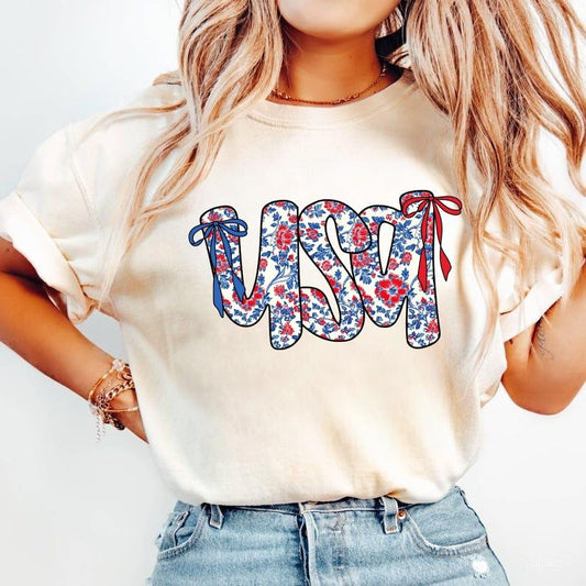 Floral Coquette USA Shirt, Retro America Shirt, Popular America Tee, Patriotic, 4th Of July T-Shirt, For Men, For Women
