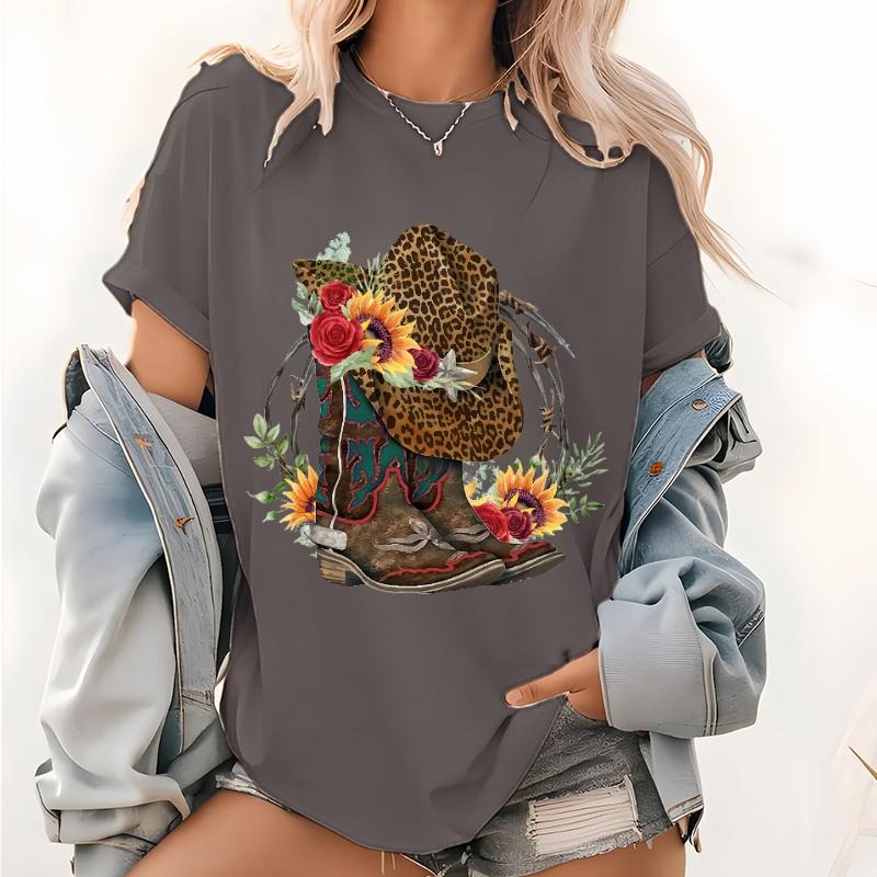 Floral Cowboy Boots Print Lightsaber brand Shirt, Cowboy Western Graphic Tops, Cowgirl Leopard Flower Boots Pattern Tee...