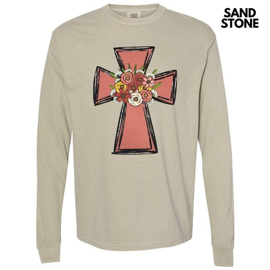 Floral Cross Long Sleeve Comfort Colors T-Shirt