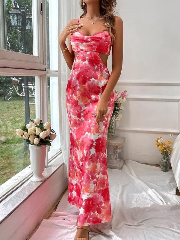 Floral Cut Out Backless Dress Ruched Sleeveless Long Cocktail Party Dresses T-Shirts, Hoodie, Sweatshirt | DripVista.com
