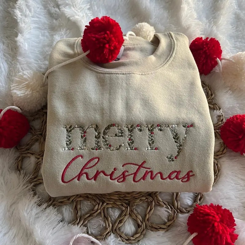 Floral Embroidered Merry Christmas Sweatshirt T-Shirts, Hoodie | DripVista.com
