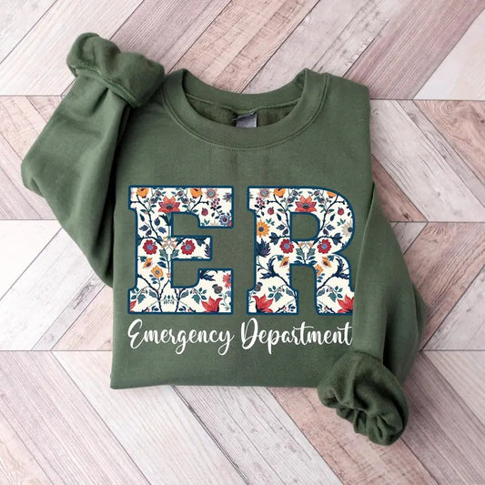 Floral Emergency Department Sweatshirt, ER Nurse Gift, Er Department Sweater, Emergency Room Tee Fabric Menswear Apparel Fitted