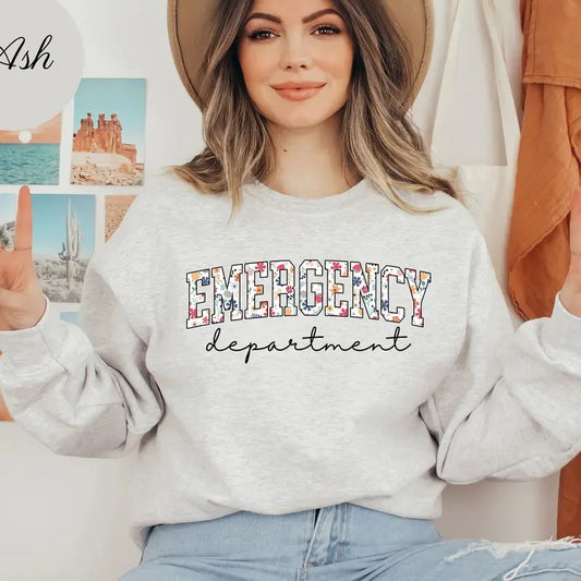Floral Emergency Department Sweatshirt, Emergency Nurse Shirt, ER Nurse Crewneck, ER Department Hoodie Casual Cotton Fabric Knit