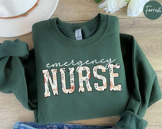 Floral Emergency Nurse Sweatshirt, ER Nurse Sweater, Emergency Room Nurse Shirt, Emergency Department Gift For New Er Nurse Crewneck