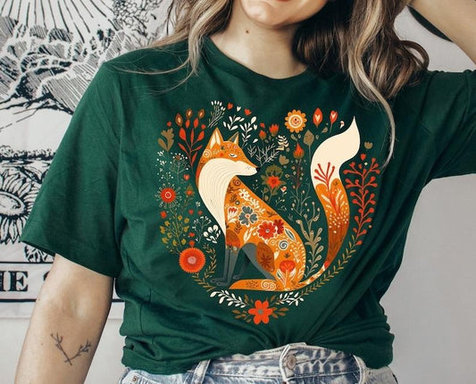 Floral Fox T Shirt Hoodie Sweater Cottagecore Shirt Cottage Core Shirt Cottagecore Clothing Cottagecore Clothes Botanical Shirt Folk Art Tee