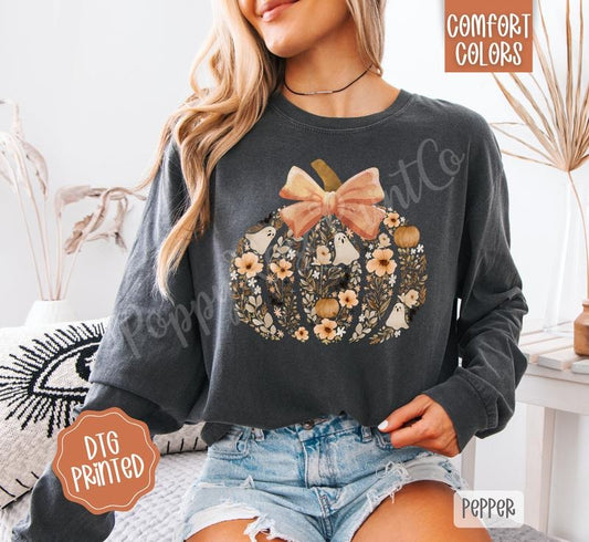 Floral Ghost Pumpkin Comfort Colors Long Sleeve T-Shirt, Cute Women's Fall Tee