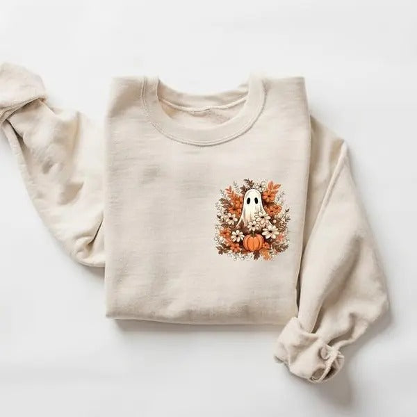 Floral Ghost Sweatshirt, Pocket Floral Ghost Shirt, Halloween Ghost Sweatshirt, Flower Halloween Shirt, Vintage Sweatshirt, Fall Sweater