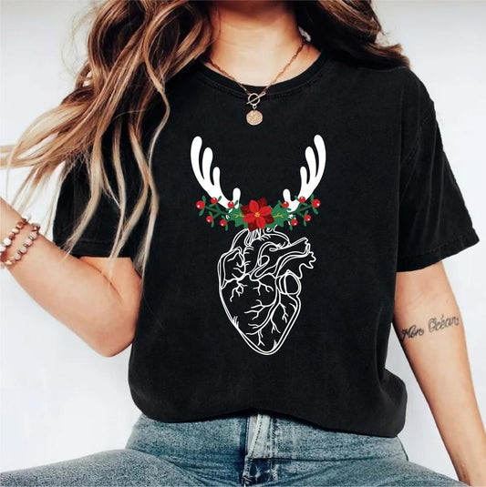 Floral Heart Anatomy Shirt, Nurse Christmas T-Shirt, Reindeer Human Heart Tee, CVICU Cardiac Nurse Xmas Gift Tee, Anatomical Heart Holiday Shirt.
