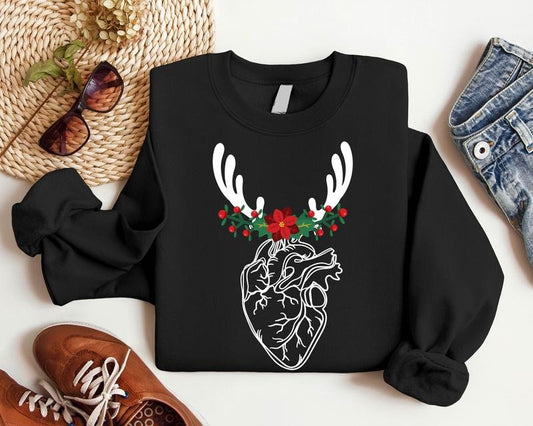 Floral Heart Anatomy Sweatshirt, Nurse Christmas Hoodie, Reindeer Human Heart Sweater, CVICU Cardiac Nurse Xmas Gift, Anatomical Heart Holiday Hoodie.