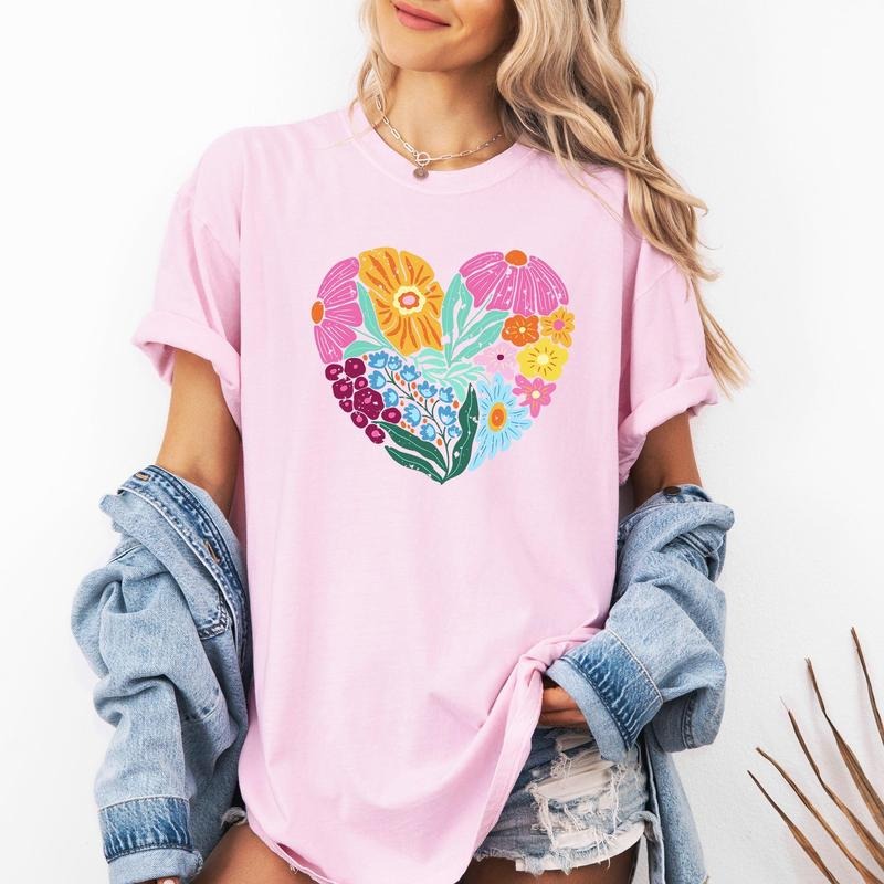 Floral Heart, Folk Art, Retro, Flowers, Comfort Colors T-Shirt, Women's Comfort Colors Tee Hoodie, Sweatshirt | DripVista.com