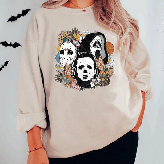 Floral Horror Characters Halloween Sweatshirt, Halloween Horror Shirt, Horror Movie Sweatshirt, Vintage Halloween Sweatshirt
