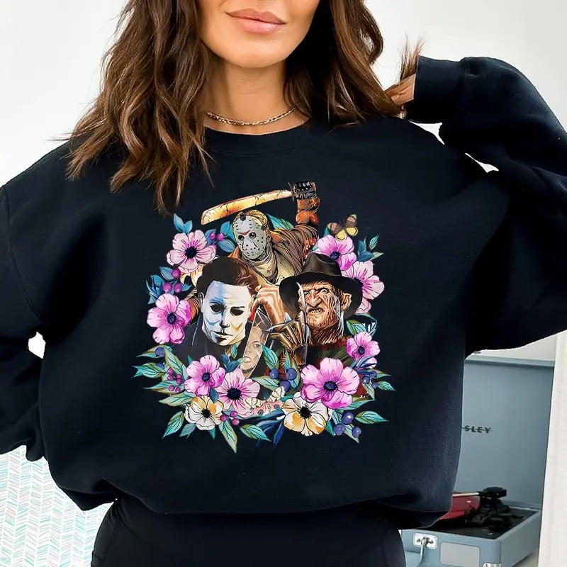 Floral Horror Movie Crewneck Sweatshirt - Casual Sweater with Graphic Design Featuring Horror Movie Themes, Long Sleeve,...