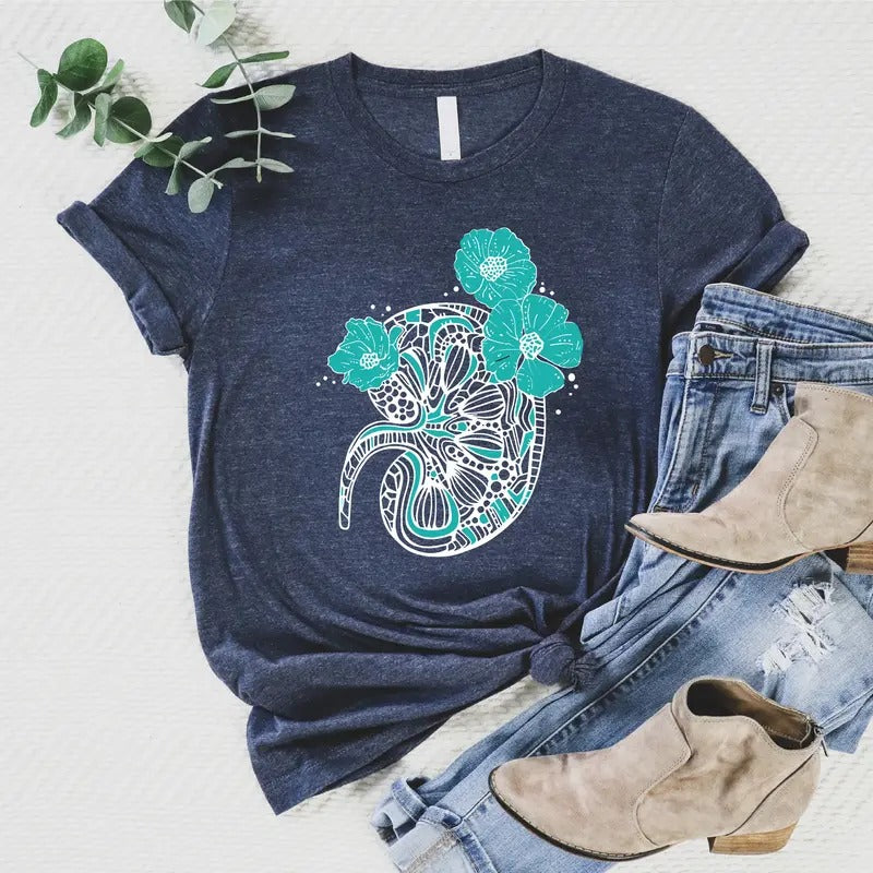 Floral Kidney Anatomy Shirt, Kidney Awareness T-shirt, Kidney Disease Support Tee, Dialysis Nurse Gift Tee, Kidney Transplant Short Sleeve, Nephrologist Tee.