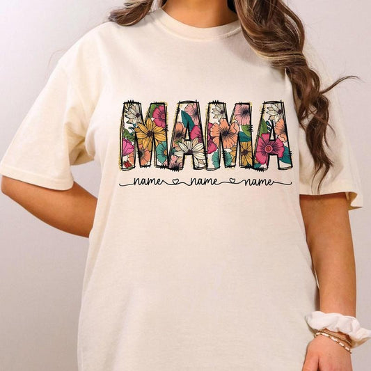 Floral Mama Comfort Colors Shirt, Mama Flower with Kids Names Comfort Colors Oversized T-shirt, Retro Boho Mama Shirt, Baby Shower Gift
